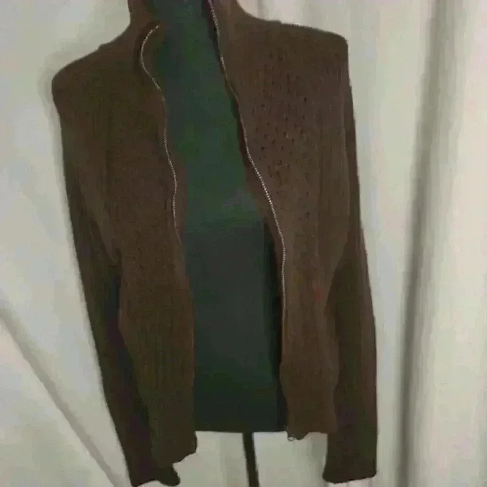 Women’s Studio Y Brown Full Front Zip Cable Knit Sweater Large - Picture 4 of 7